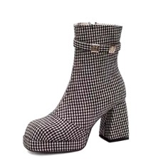 Square Toe Chunky Heels Side zipper Turned Over Short Plush Ankle Highs Boots - Black White Microfiber