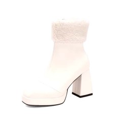 Square Toe Chunky Heels Side zipper Turned Over Short Plush Ankle Highs Boots - White Faux Leather