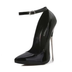 Pointed Toe Stiletto Metal Heels Ankle Buckle Straps Pumps - Black Patent