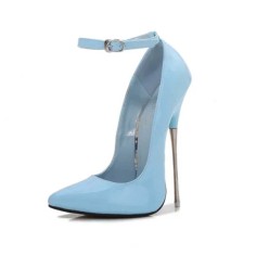 Pointed Toe Stiletto Metal Heels Ankle Buckle Straps Pumps - Blue Patent