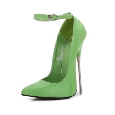 Pointed Toe Stiletto Metal Heels Ankle Buckle Straps Pumps - Green Patent