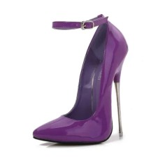 Pointed Toe Stiletto Metal Heels Ankle Buckle Straps Pumps - Purple Patent