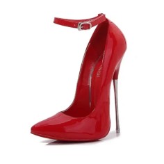 Pointed Toe Stiletto Metal Heels Ankle Buckle Straps Pumps - Red Patent