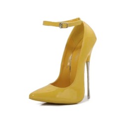 Pointed Toe Stiletto Metal Heels Ankle Buckle Straps Pumps - Yellow Patent