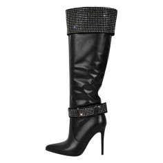 Pointed Toe Stiletto Heels Rhinestones Straps Knee Highs Winter Booties - Black Faux Leather