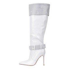 Pointed Toe Stiletto Heels Rhinestones Straps Knee Highs Winter Booties - White Faux Leather