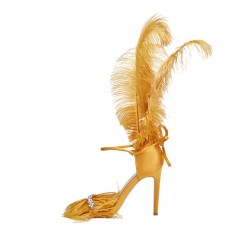 Pointed Open Toe Feather Stiletto Heels Carnivale Samba Dance Sandals - Yellow Satin