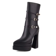 Pointed Toe Three-Row Metal Belt Buckle Double Platforms Ankle Highs Zipper Chunky Heels Boots - Black Faux Leather