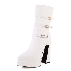 Pointed Toe Three-Row Metal Belt Buckle Double Platforms Ankle Highs Zipper Chunky Heels Boots - White Faux Leather