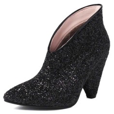 Pointed Toe Spike heels Sequined Glitters Ankle High Booties - Black Sequined Cloth
