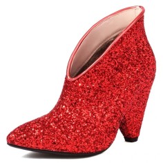 Pointed Toe Spike heels Sequined Glitters Ankle High Booties - Red Sequined Cloth
