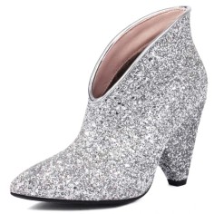 Pointed Toe Spike heels Sequined Glitters Ankle High Booties - Silver Sequined Cloth
