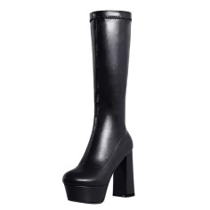 Round Toe Chunky Heels Platforms Knee Highs Elastic Boots - Black or White Faux Leather