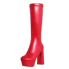 Round Toe Chunky Heels Platforms Knee Highs Elastic Boots - Red Faux Leather