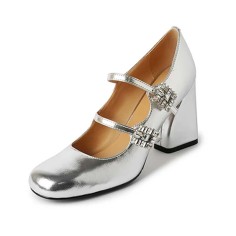 Round Toe Chunky Heels Double Buckle Rhinestones Straps Korean Style Mary Janes Pumps - Silver Leather