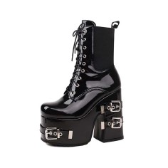 Square Toe Chunky Heels Gothic Punk Metal Belt Buckle Lace Up Ankle Highs Boots - Black Patent