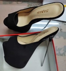 Extreme Heel Platform Sandal Mule Stilettos - Black Flock