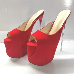 Extreme Heel Platform Sandal Mule Stilettos - Red Flock