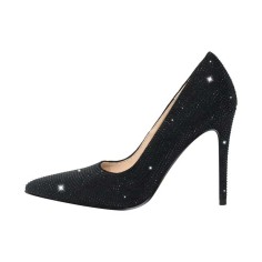 Pointed Toe Rhinestones Stiletto Heels Elegant Pumps - Black Faux Leather