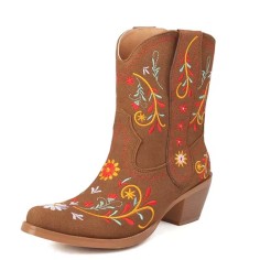 Pointed Toe Embroidered Flower Ankle Highs Chunky Heels Cowboy Boots - Brown Flock