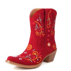 Pointed Toe Embroidered Flower Ankle Highs Chunky Heels Cowboy Boots - Red Flock