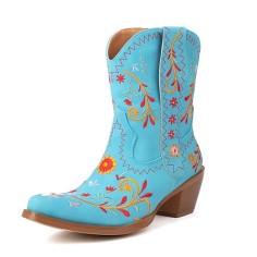 Pointed Toe Embroidered Flower Ankle Highs Chunky Heels Cowboy Boots - SkyBlue Flock