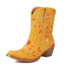 Pointed Toe Embroidered Flower Ankle Highs Chunky Heels Cowboy Boots - Yellow Flock