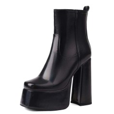 Round Toe Platforms Chunky Heels Side Zipper Ankle Highs Booties - Black Faux Leather