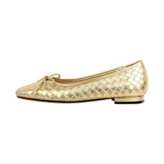 Square Toe Slip On Retro Butterfly Knot Wicker Pattern Flats - Gold Faux Leather