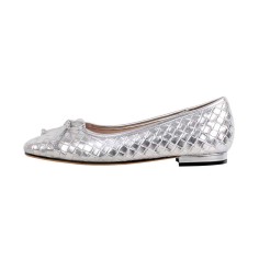 Square Toe Slip On Retro Butterfly Knot Wicker Pattern Flats - Silver Faux Leather