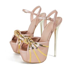Peep Toe Platforms Ankle Buckle Straps Golden Stiletto Heels Club Sandals - Apricot Faux Leather