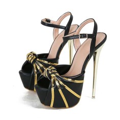 Peep Toe Platforms Ankle Buckle Straps Golden Stiletto Heels Club Sandals - Black Faux Leather