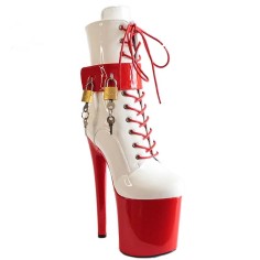 Round Toe Stiletto Heels Ankle Highs Lace Up Belt Buckle Padlocks Booties  - Red Patent