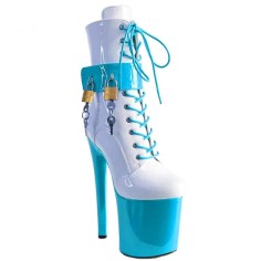 Round Toe Stiletto Heels Ankle Highs Lace Up Belt Buckle Padlocks Booties  - SkyBlue Patent