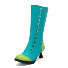 Round Toe Knee High Vintage Side Zipper Cubic Kitten Heels Rivets Boots - Green Faux Leather