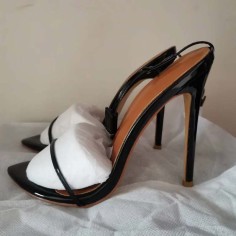 Pointed Open Toe Ankle Buckle Straps Stiletto Heels Party Wedding Dance Sandals - Black Patent