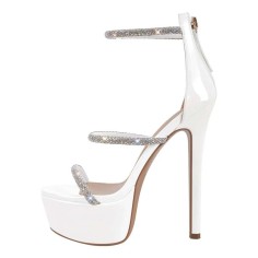 Peep Toe Ankle Buckle Rhinestones Straps Back Zipper Stiletto Heels Platforms Sandals - White Faux Leather