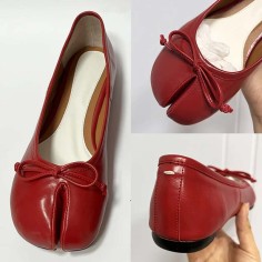 Round Split Toe Butterfly Knot Ballets Flats Shoes - Red Faux Leather