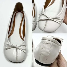 Round Split Toe Butterfly Knot Ballets Flats Shoes - White Faux Leather