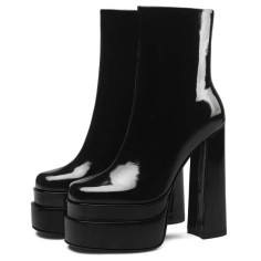 Round Toe Double Platforms Chunky Heels Side Zipper Ankle Highs Booties - Black Patent