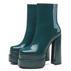 Round Toe Double Platforms Chunky Heels Side Zipper Ankle Highs Booties - Blue Patent