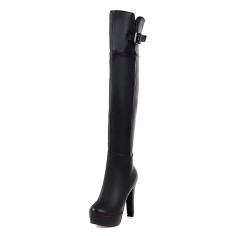Pointed Toe Over The Knees Thigh Highs Chunky Heels Platforms Metal Belt Buckle Zipper Boots - Black Faux Leather