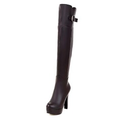 Pointed Toe Over The Knees Thigh Highs Chunky Heels Platforms Metal Belt Buckle Zipper Boots - Brown Faux Leather