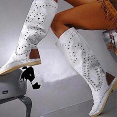 Round Toe Rivet Decorated Knee Highs Flat Rustic Boots - White Suede