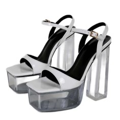 Square Open Toe Transparent Platforms Chunky Heels Ankle Buckle Straps Sandals - White Patent PVC