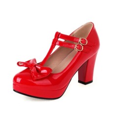 Round Toe T Straps Bowtied Mary Janes Chunky Heels Low Platforms Pumps - Red Patent