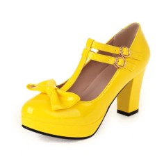 Round Toe T Straps Bowtied Mary Janes Chunky Heels Low Platforms Pumps - Yellow Patent