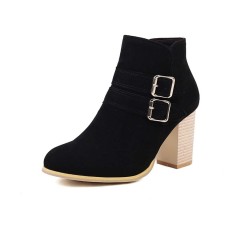 Pointed Toe Chunky Heels Side Zipper Ankle Highs Buckle Straps Winter Booties - Black Flock