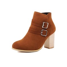 Pointed Toe Chunky Heels Side Zipper Ankle Highs Buckle Straps Winter Booties - Brown Flock