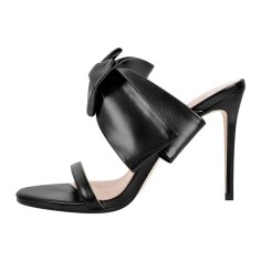 Peep Toe Bow Decorated Stiletto Heels Summer Sandals - Black Faux Leather